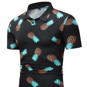 Casual Black Men's Pineapple Print Polo Shirt